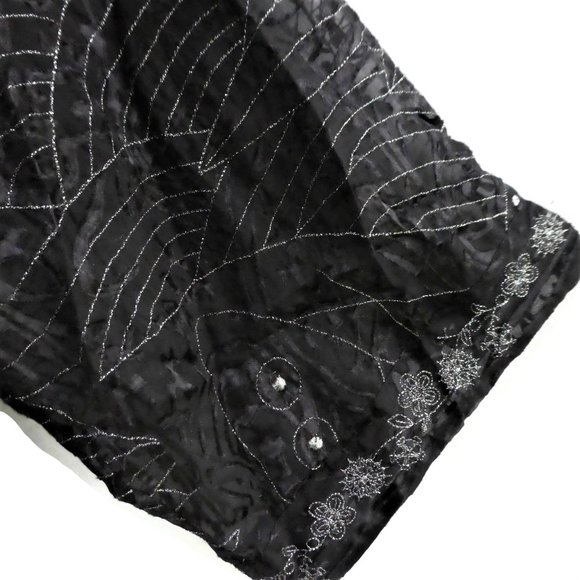 SiLK Rayon Metallic Blend Chicos Kimono Jacket Sheer Lame Black Floral 2 L 12 - Picture 5 of 8